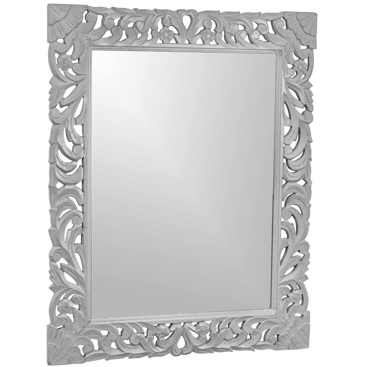 American Art Décor™ 31.5" Gray Hand-Carved Wood Medallion Accent Wall Mirror